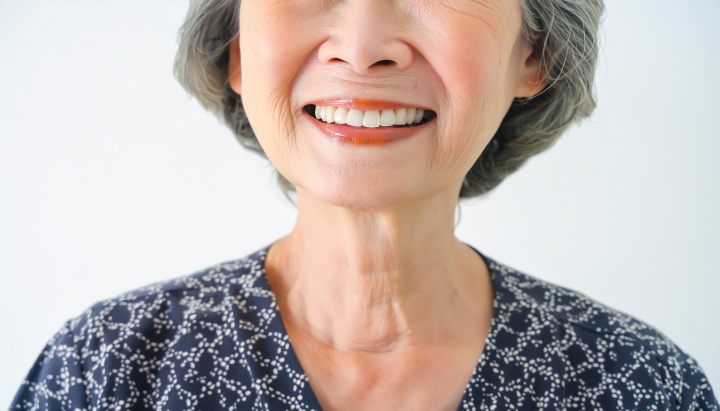 自費の入れ歯を装着した高齢女性の口元