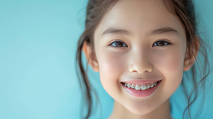 矯正治療をして歯列を整える子ども