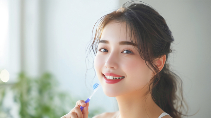 虫歯予防のため丁寧に歯磨きをする女性