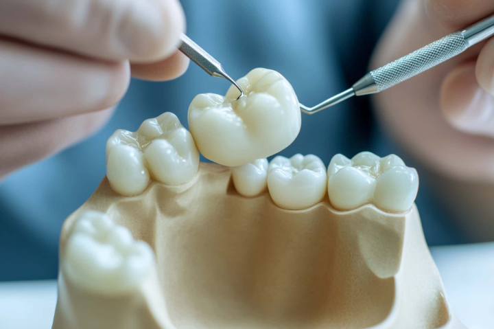 セラミッククラウンと歯の模型で治療について説明をする歯科医