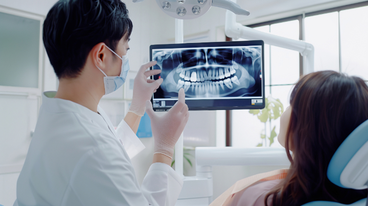 女性患者の歯の詰め物(インレー)をする虫歯部分の確認をしている歯科医師