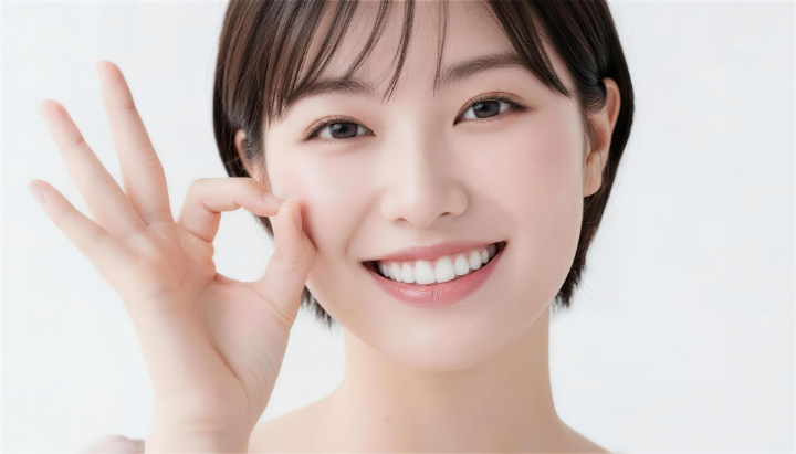 笑顔でOKサインを出すセラミック治療をした女性